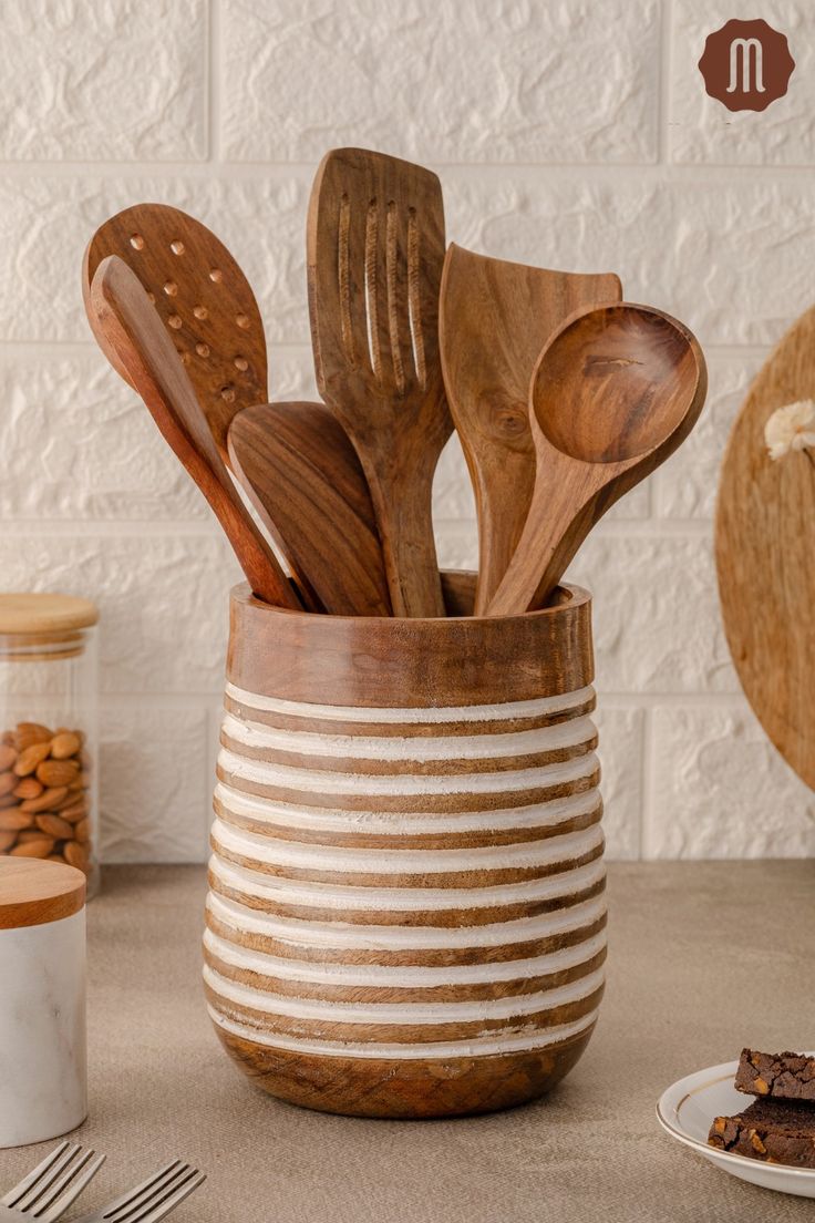 Handcrafted Wooden Utensil Holder – Striped Design