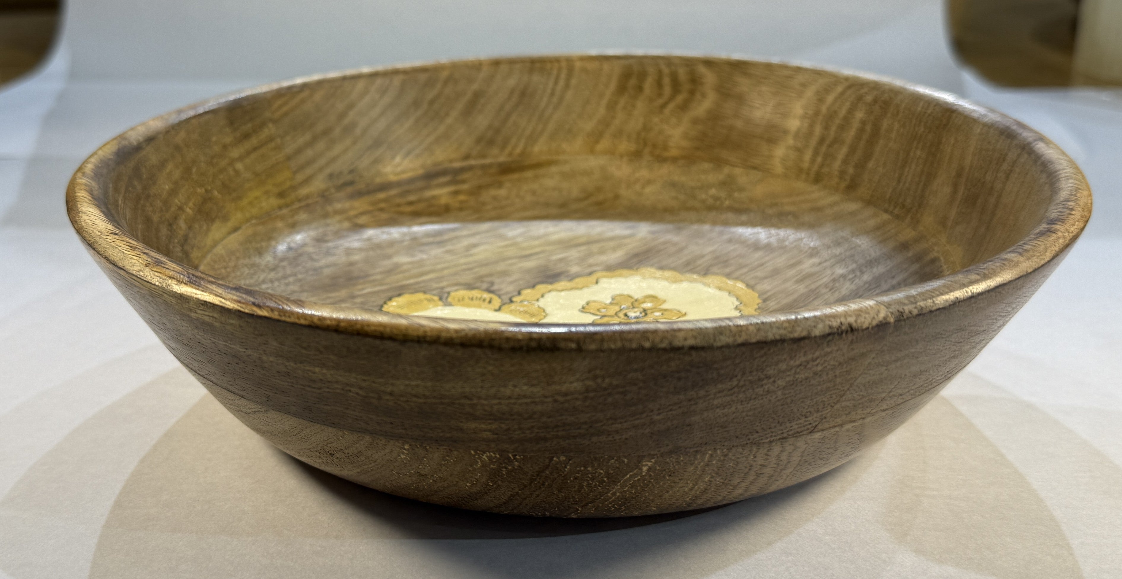 25 cm handcrafted mango wood bowl, featuring a hand-painted yellow floral design