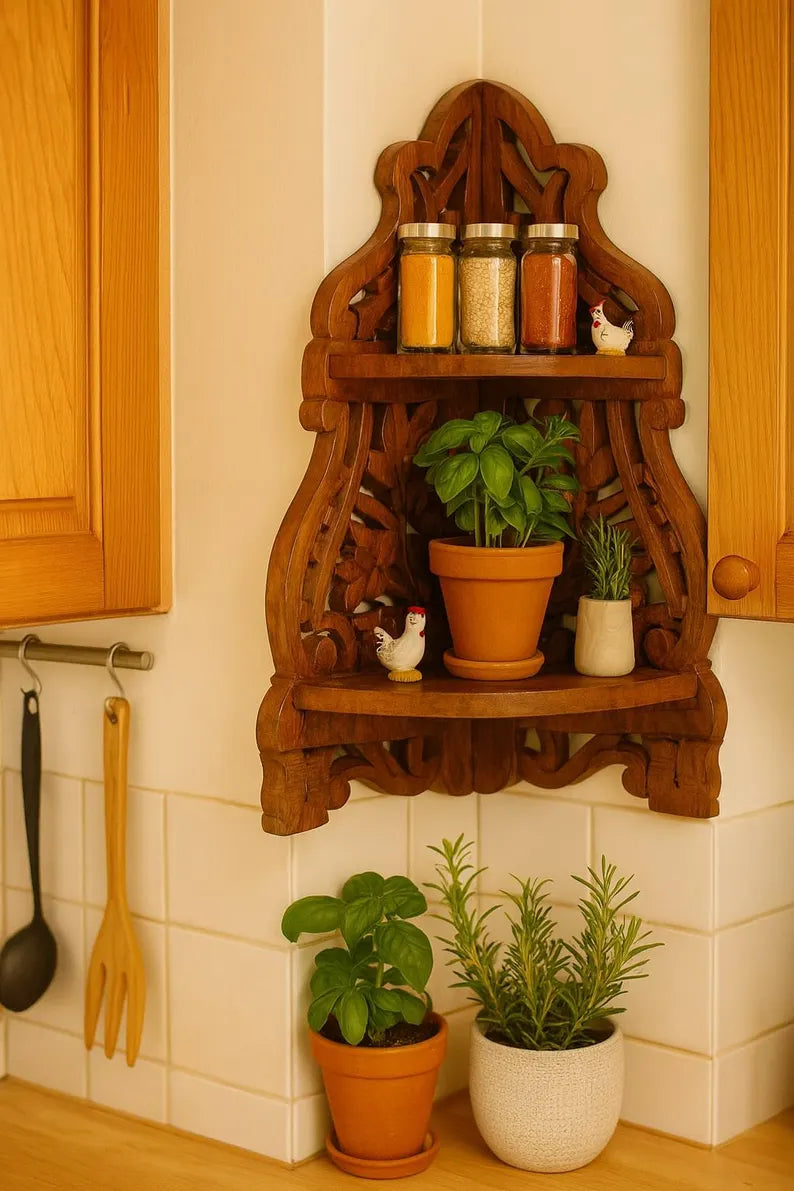 Wooden Corner Wall Shelf | Handcrafted Boho Bookshelf | Cozy Reading Nook | Entryway & Living Room Decor