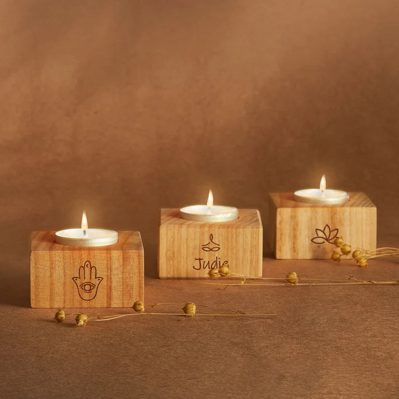 Personalized Wooden Candle Holder | Eco-Friendly Tealight Holder Set | Unique Candle Stand for Yoga, Meditation & Home Decor Gifts