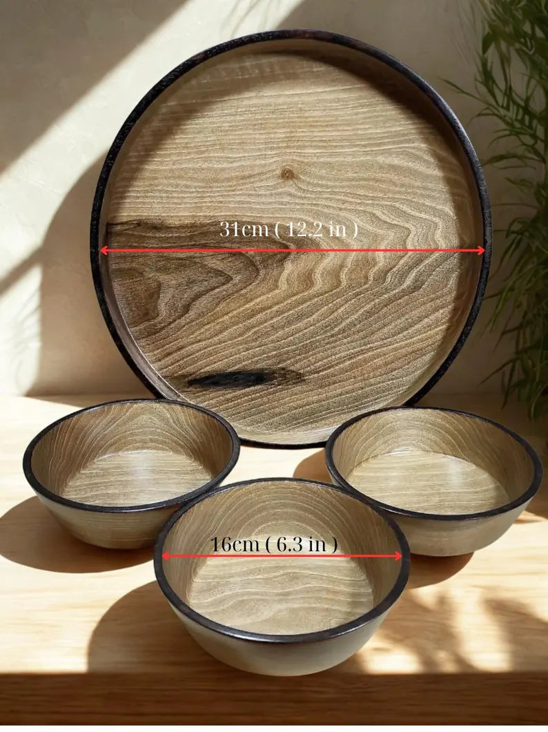 Handmade Walnut Tray Set: Round Ottoman Tray with Bowls