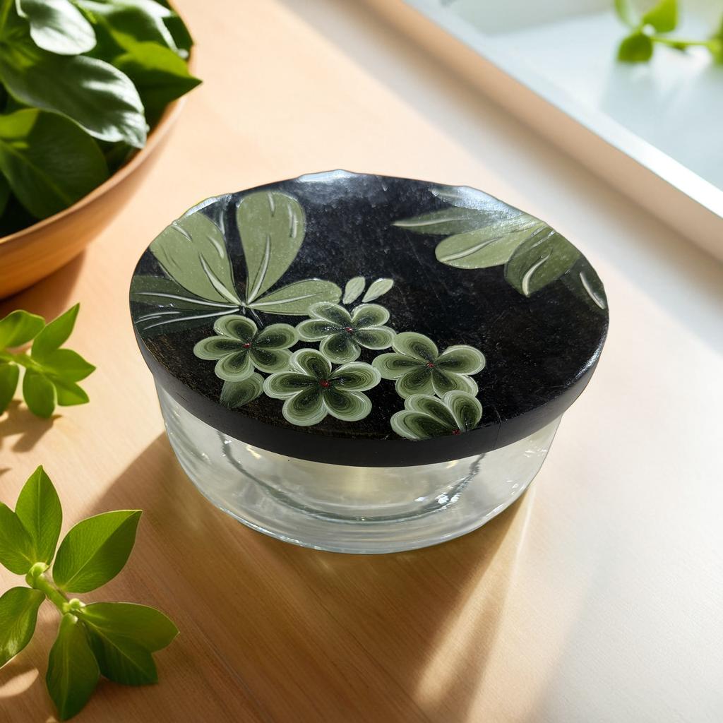 Glass Storage Jar with Hand-Painted Wooden Lid – 18x18x10 cm