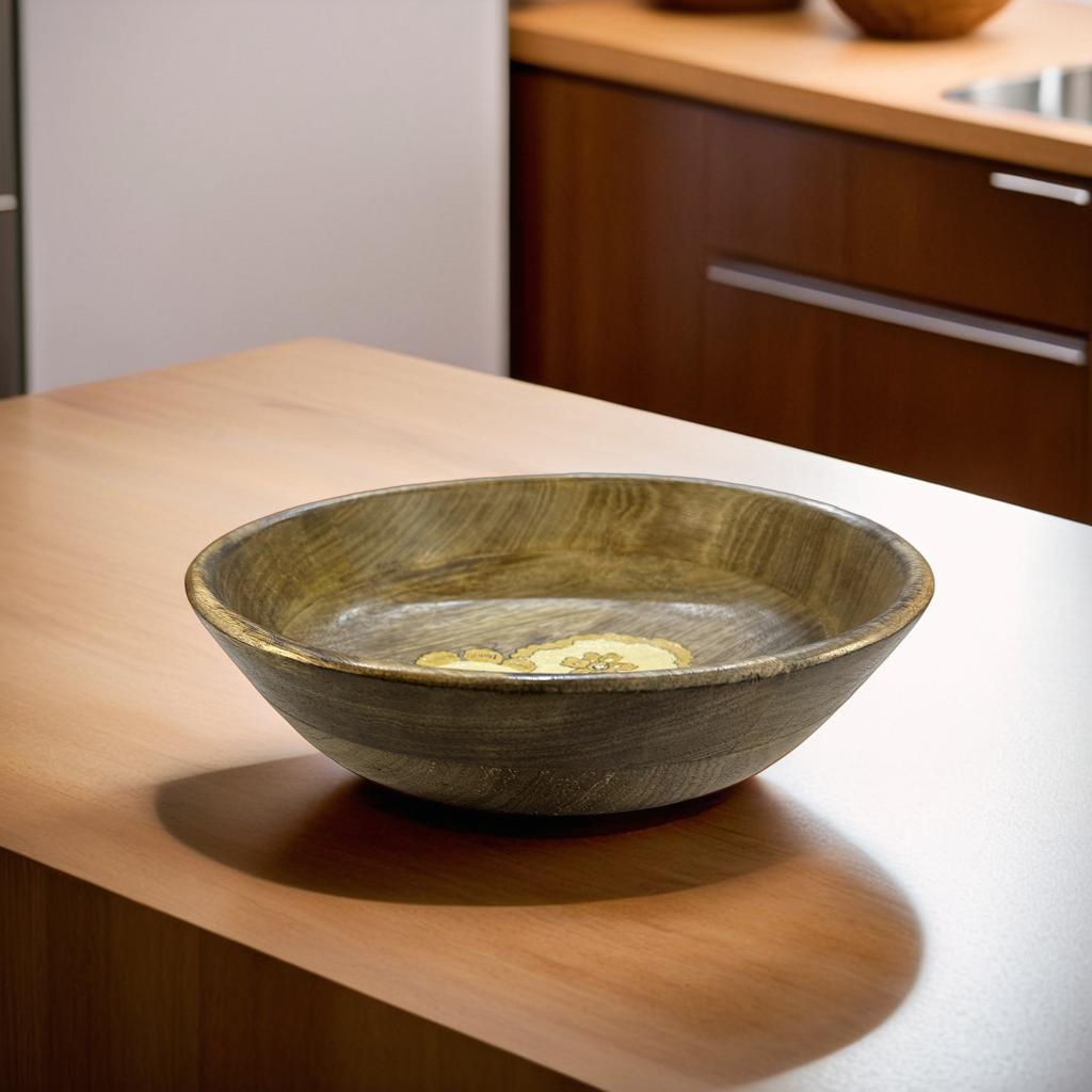 25 cm handcrafted mango wood bowl, featuring a hand-painted yellow floral design