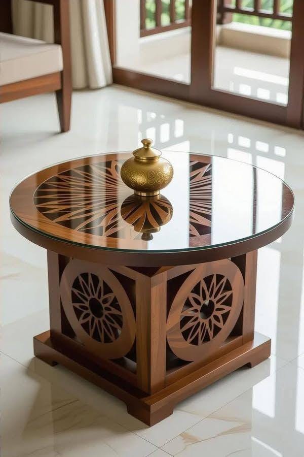 Handcrafted Wooden Center Table with Glass Top | Elegant Living Room Furniture
