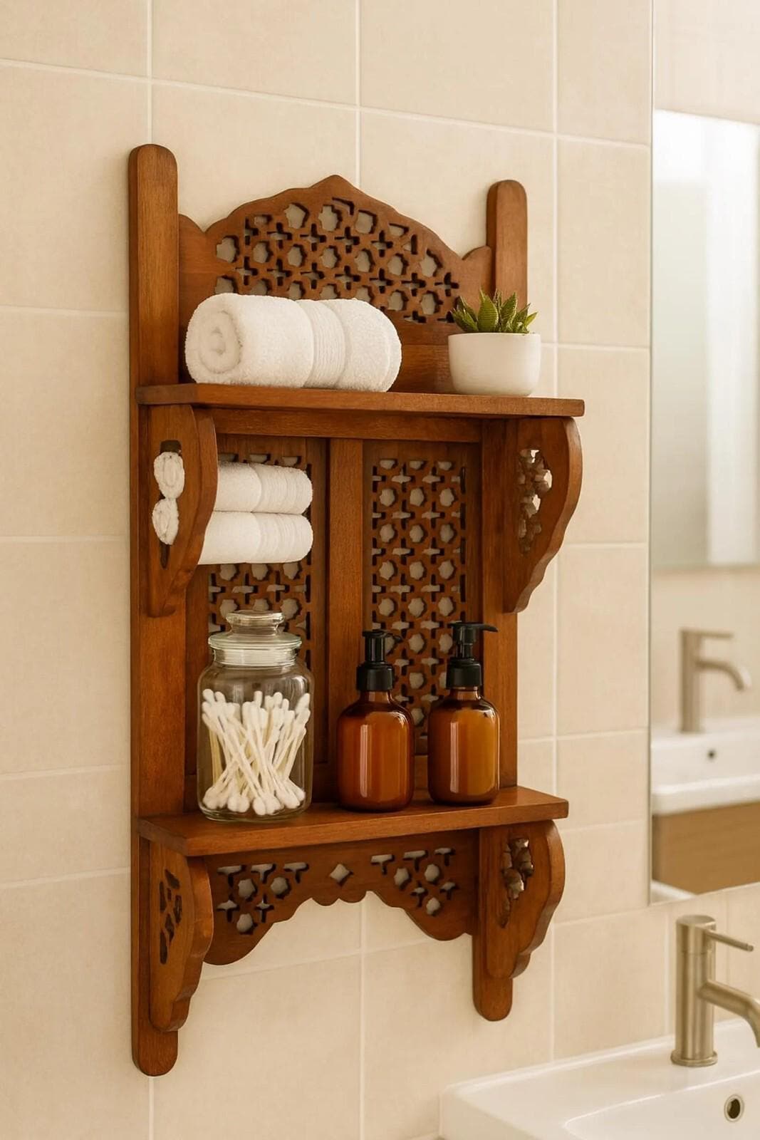 Hand-Carved Wooden Wall Shelf | Rustic Rosewood Kitchen Organizer | Two-Tier Storage Rack