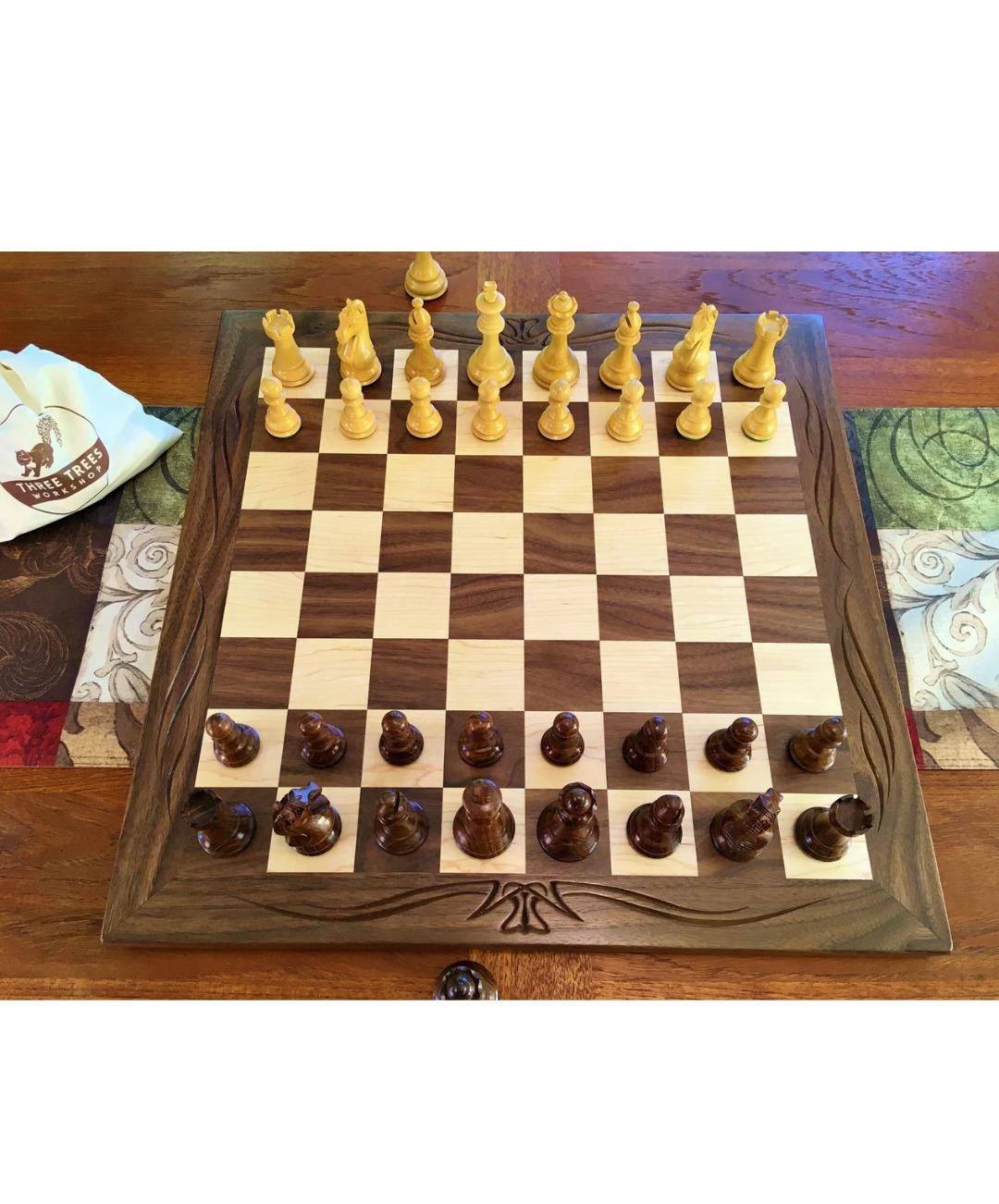 Handmade Walnut & Maple Tournament Chess Board with Calligraphy Border | Luxury Wooden Heirloom Chess Set