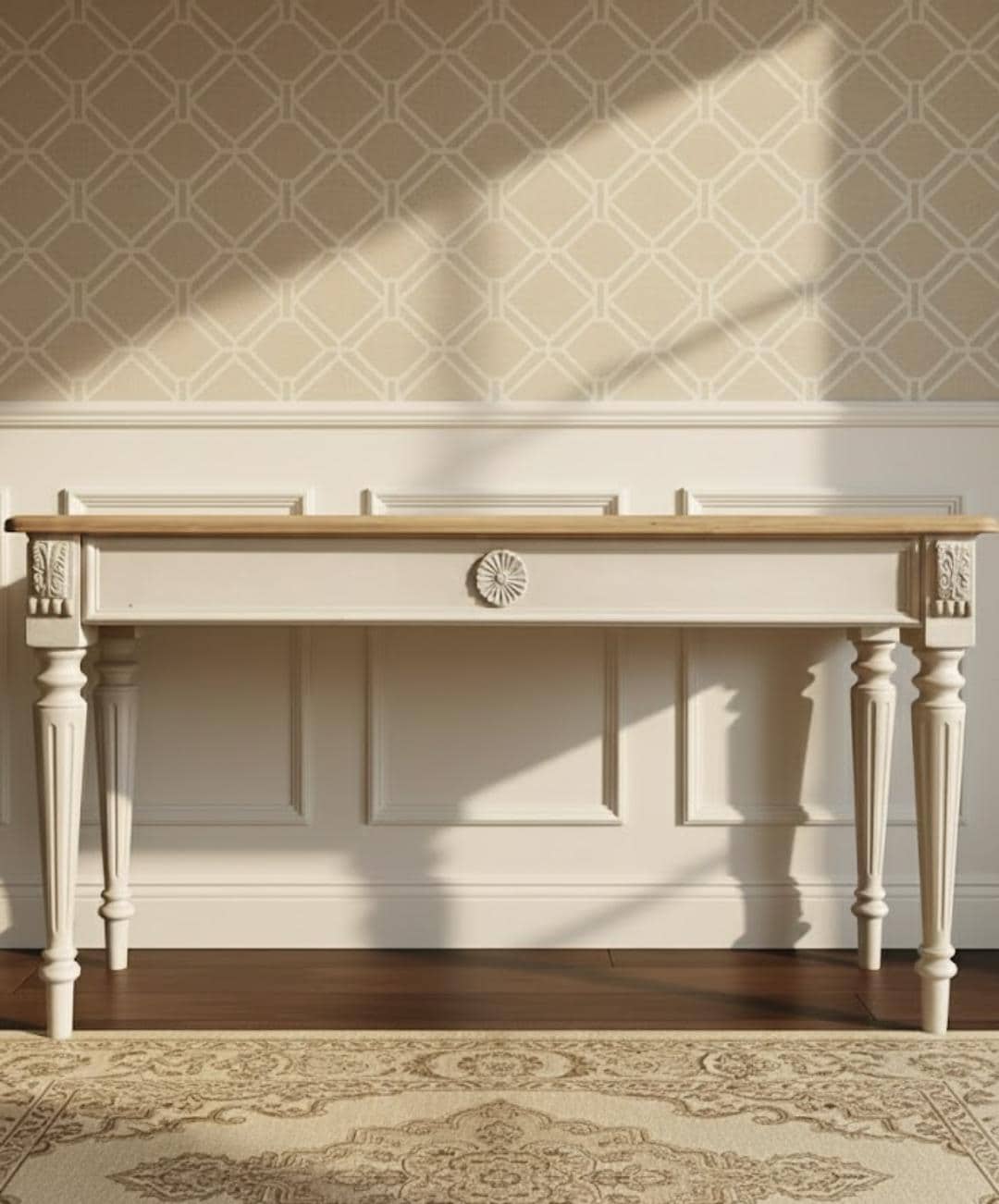 Distressed French Baroque Console Table | Rustic Whitewash Entryway Table | Hand-Carved Narrow Desk