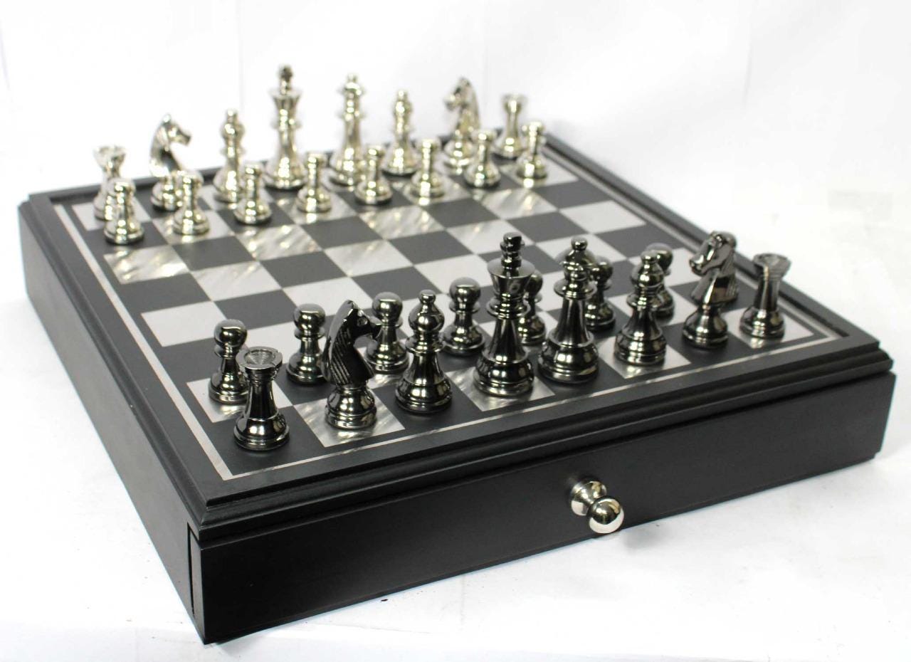 Handmade Metal Chess Set with Storage Drawer, Gift Game Room Decor