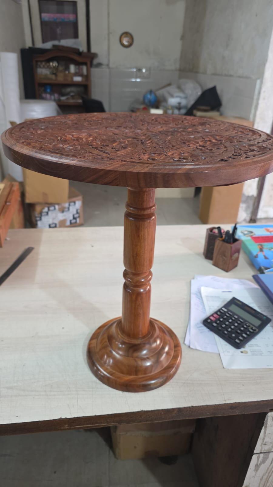 Handmade Round Wooden Side Table | Unique Carved Coffee Table | Moroccan Living Room Furniture