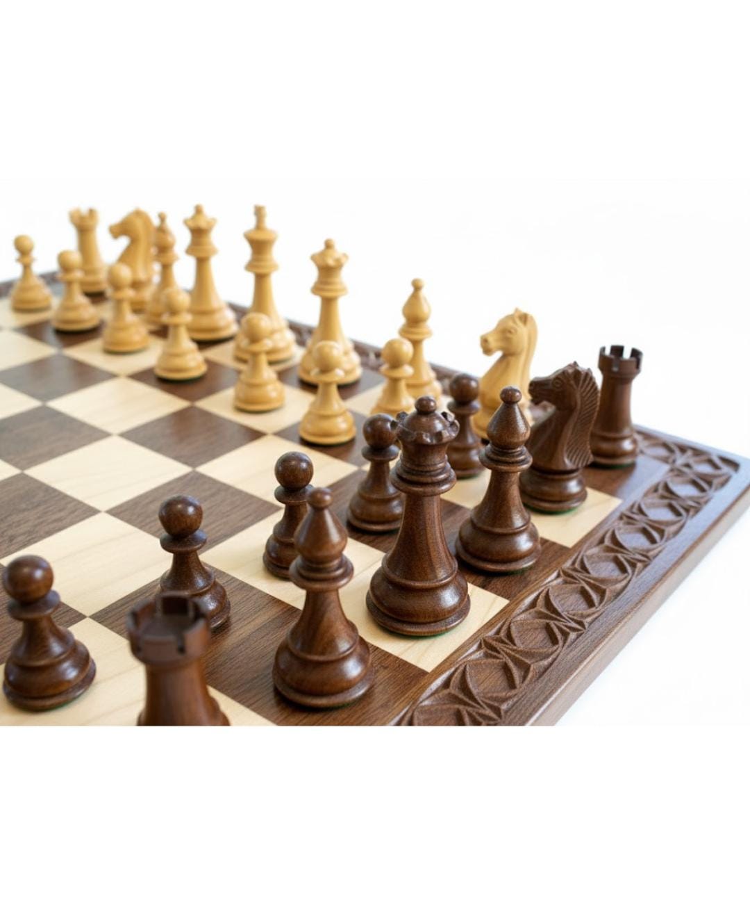 Handmade Walnut & Maple Tournament Chess Set | Carved Border
