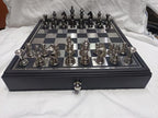 Handmade Metal Chess Set with Storage Drawer, Gift Game Room Decor