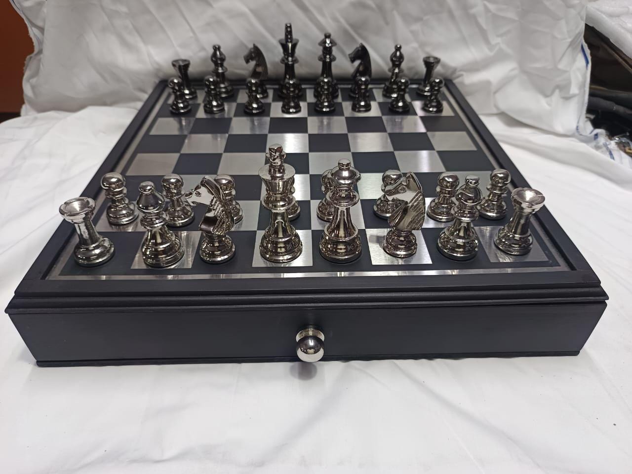 Luxury Metal Chess Set with Handmade Wooden Board & Storage Drawer