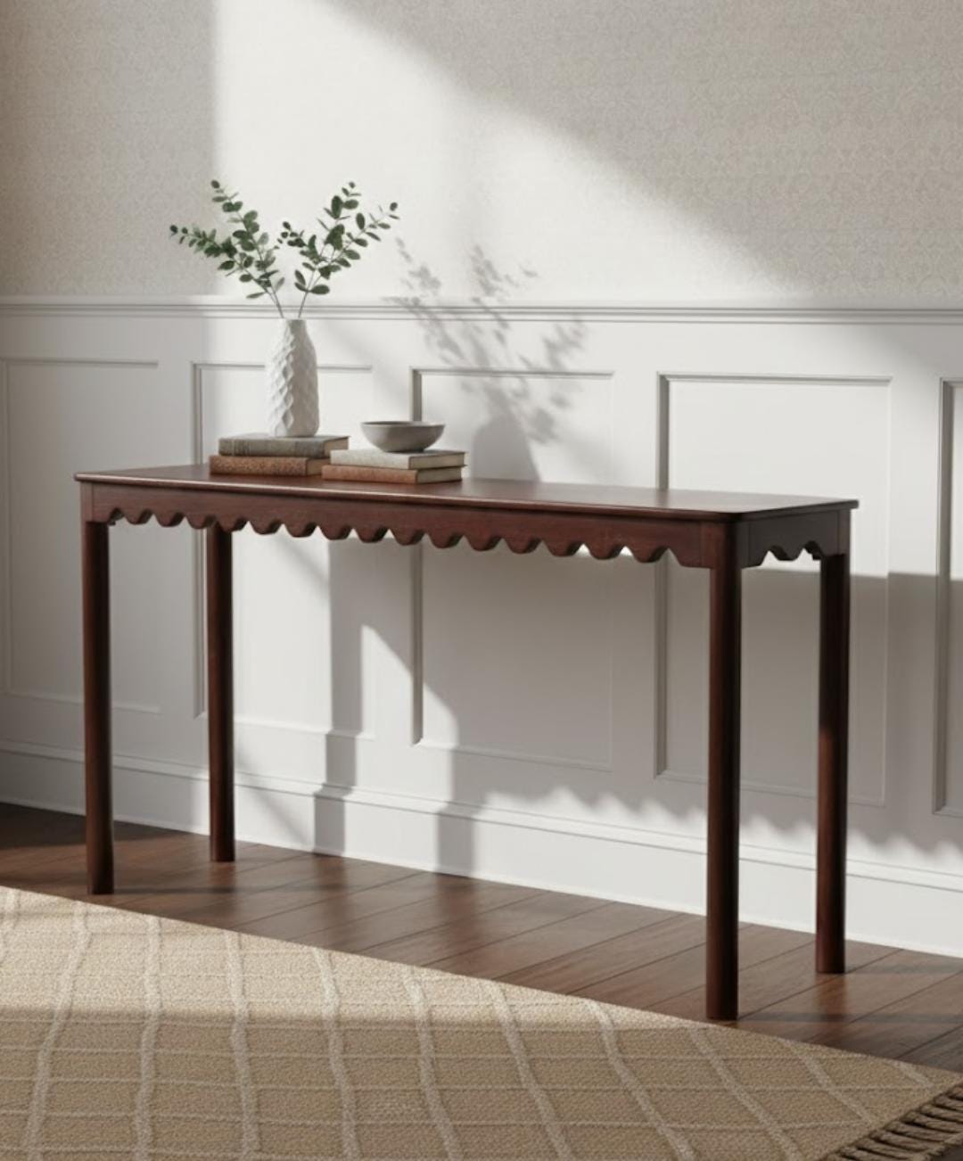 Handcrafted Reclaimed Wood Console Table – Rustic Brown Scalloped Entryway Table