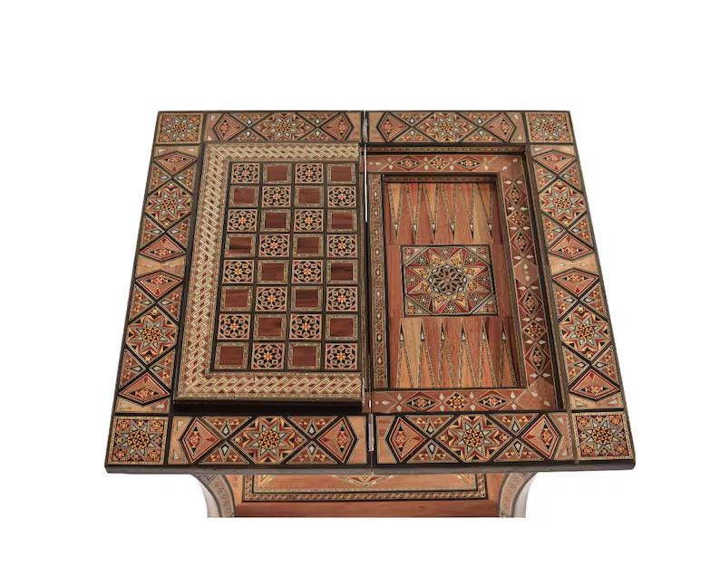 Handmade 3-in-1 Wooden Mosaic Game Table | Chess • Backgammon • Poker