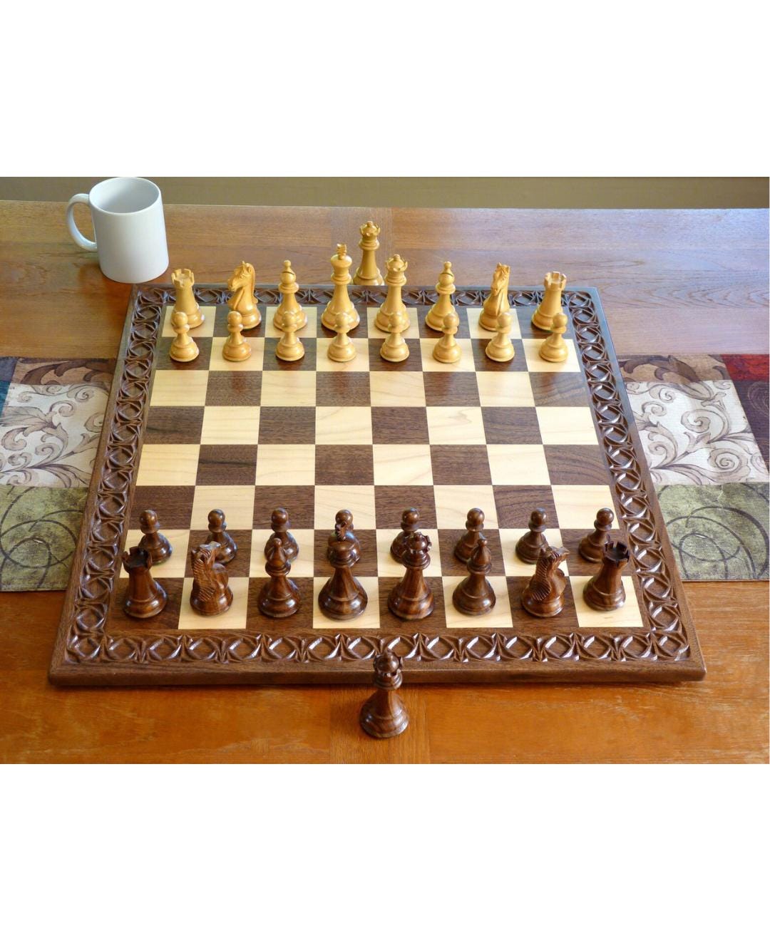 Handmade Walnut & Maple Tournament Chess Set | Carved Border