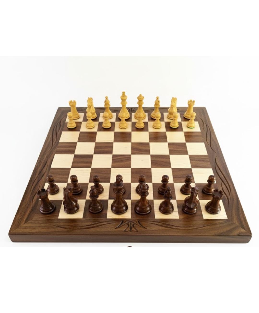 Handmade Walnut & Maple Tournament Chess Board with Calligraphy Border | Luxury Wooden Heirloom Chess Set