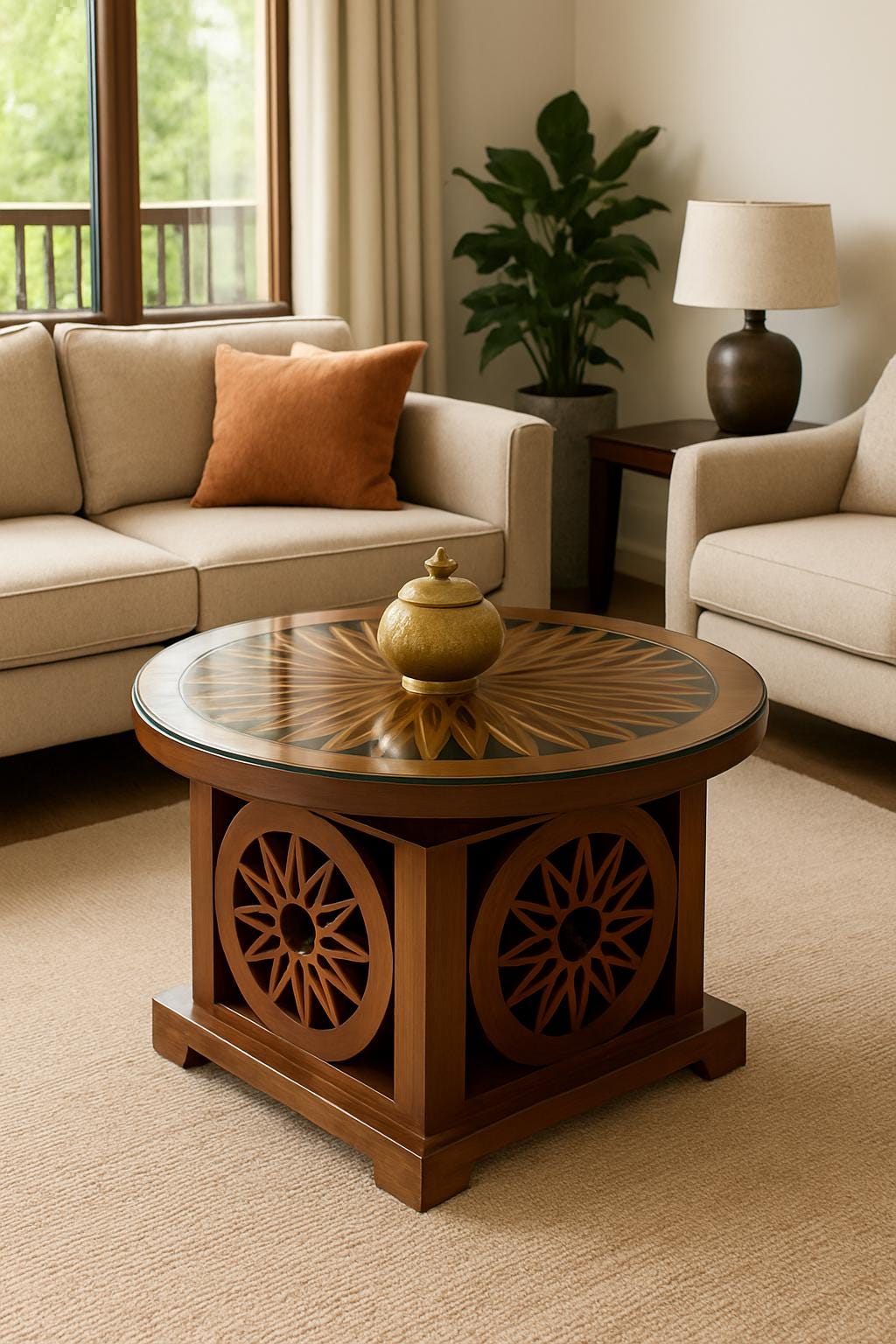 Handcrafted Wooden Center Table with Glass Top | Elegant Living Room Furniture