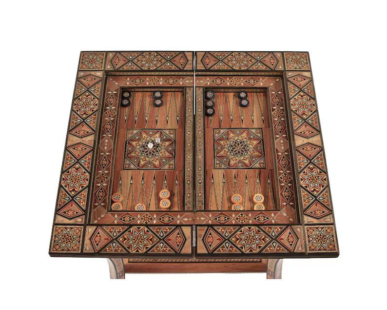 Handmade 3-in-1 Wooden Mosaic Game Table | Chess • Backgammon • Poker