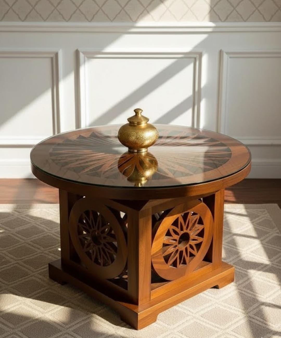 Handcrafted Wooden Center Table with Glass Top | Elegant Living Room Furniture