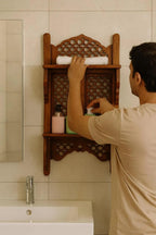 Hand-Carved Wooden Wall Shelf | Rustic Rosewood Kitchen Organizer | Two-Tier Storage Rack