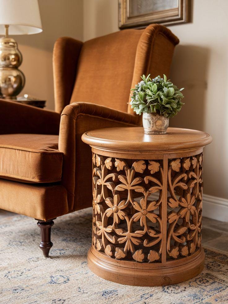 Hand-Carved Wooden Floral Side Table | Round Accent Table | Boho Living Room Decor