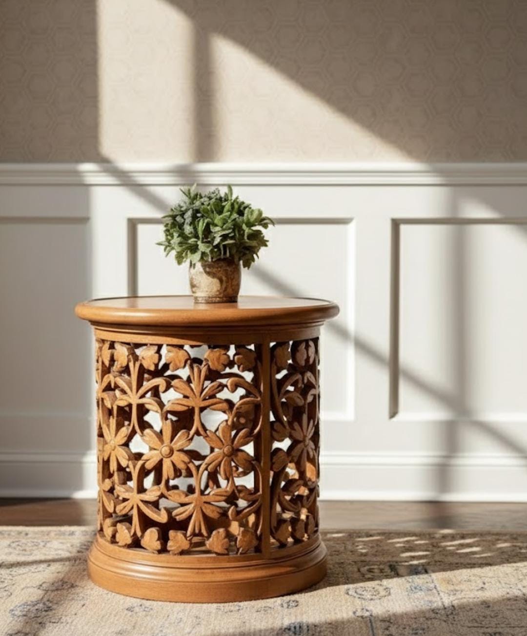 Hand-Carved Wooden Floral Side Table | Round Accent Table | Boho Living Room Decor