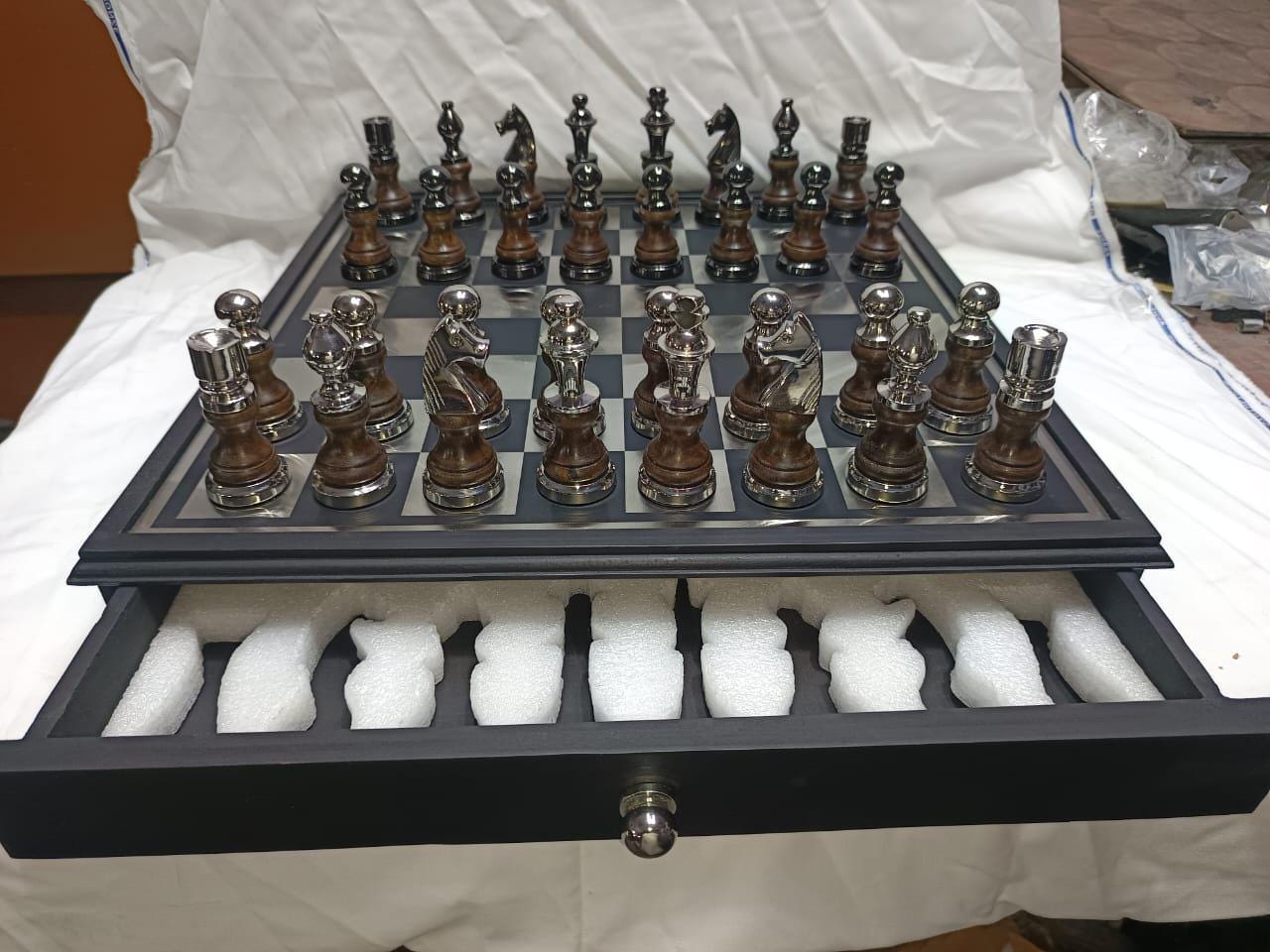 Luxury Metal Chess Set with Handmade Wooden Board & Storage Drawer