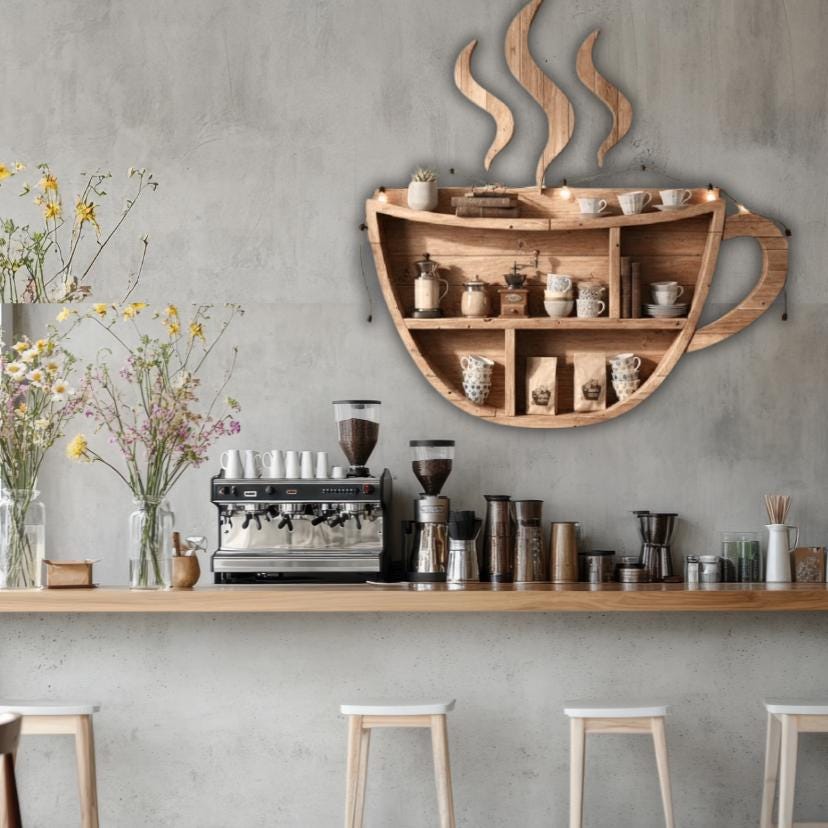 Coffee Cup Wall Shelf | Handmade Wooden Mug Rack | Rustic Kitchen Organizer | Bar Wall Decor