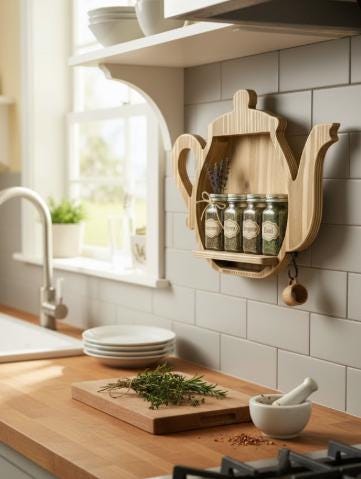 Teapot Shape Wooden Wall Shelf | Kitchen Spice Rack | Tea Organizer | Handmade by Arjun Handicrafts