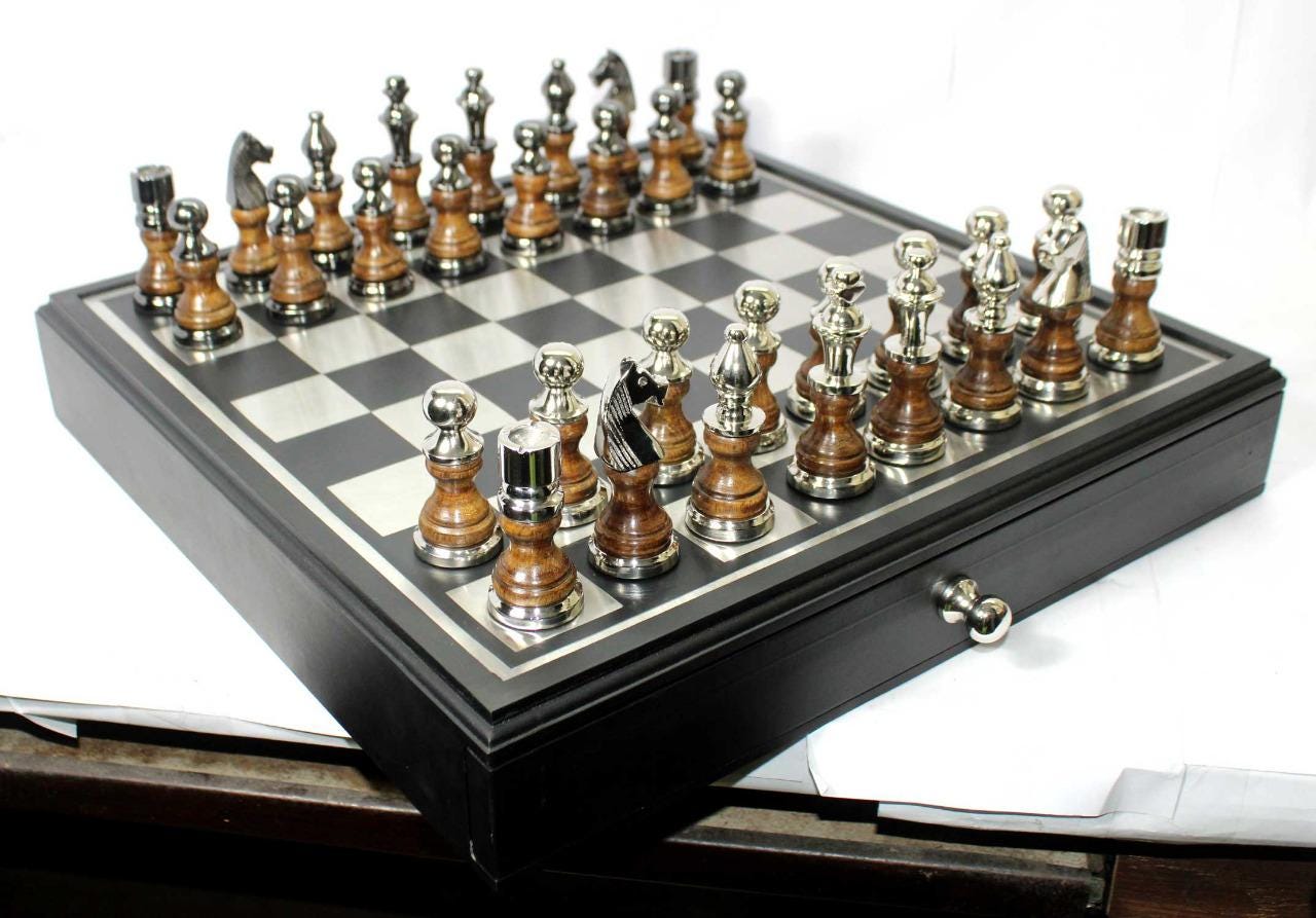 Handmade Metal Chess board Set with Storage Drawer, Gift Game Room Decor