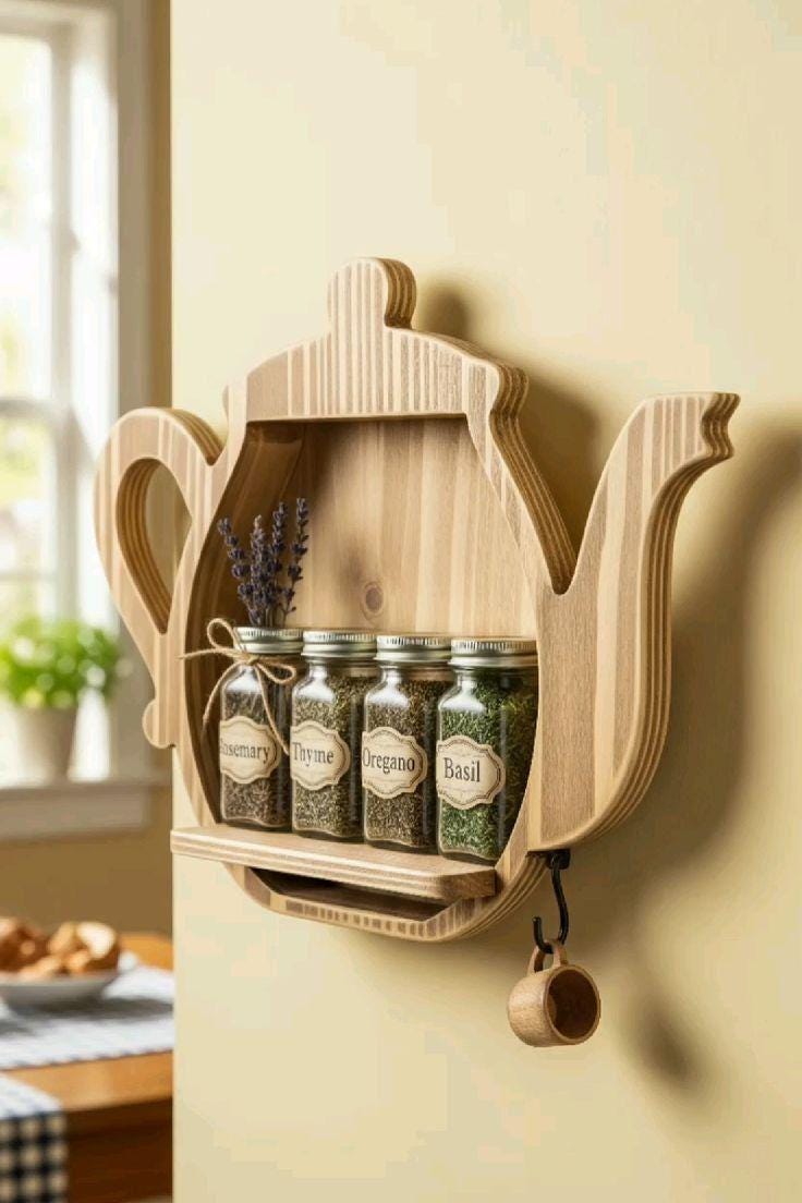 Teapot Shape Wooden Wall Shelf | Kitchen Spice Rack | Tea Organizer | Handmade by Arjun Handicrafts