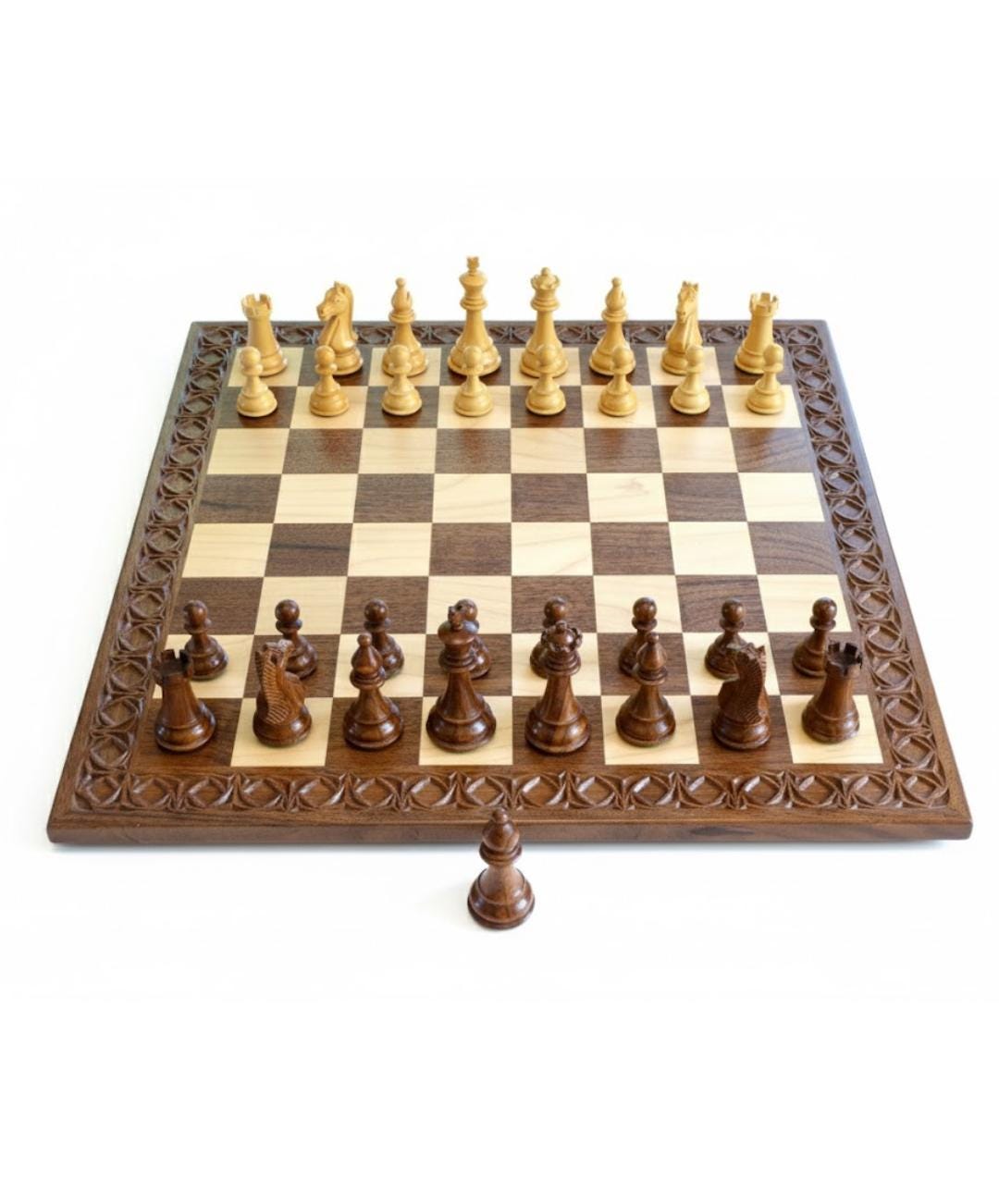 Handmade Walnut & Maple Tournament Chess Set | Carved Border