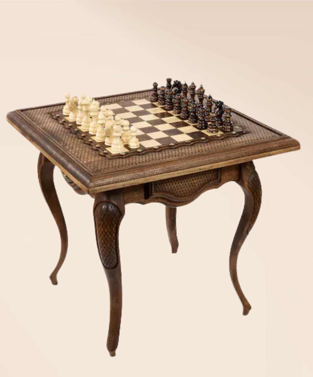 Handcrafted Beech Wood Chess Table – Luxury Ornamental Chess Set with Storage Drawers