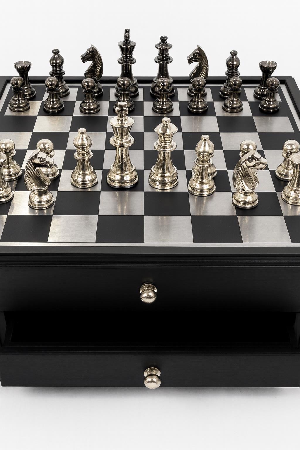 Handmade Metal Chess board Set with Storage Drawer, Gift Game Room Decor