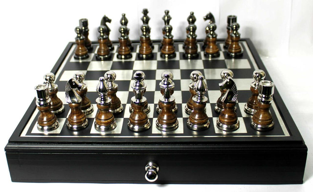 Handmade Metal Chess board Set with Storage Drawer, Gift Game Room Decor