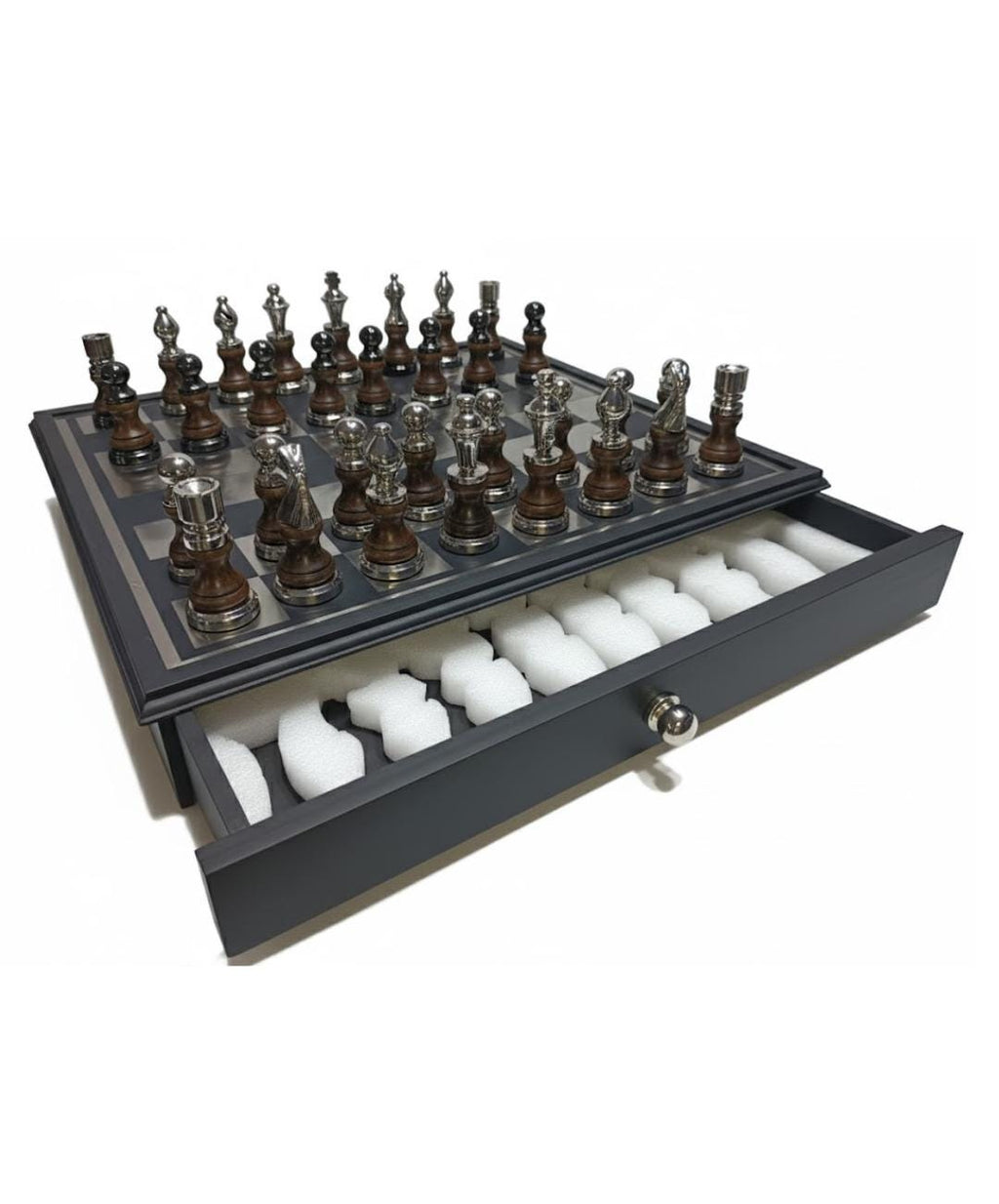 Handmade Metal Chess Set with Storage Drawer, Gift Game Room Decor