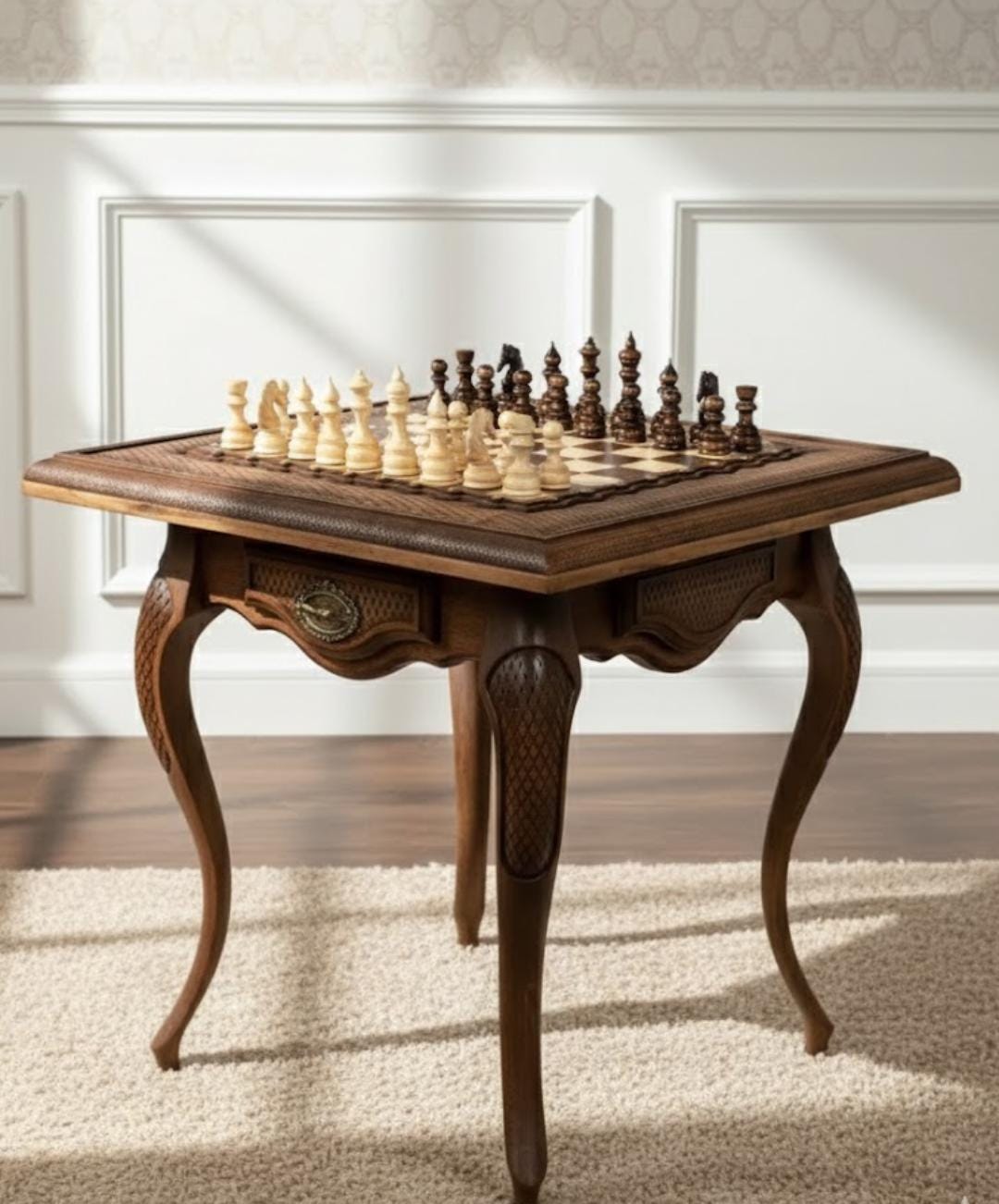 Handcrafted Beech Wood Chess Table – Luxury Ornamental Chess Set with Storage Drawers