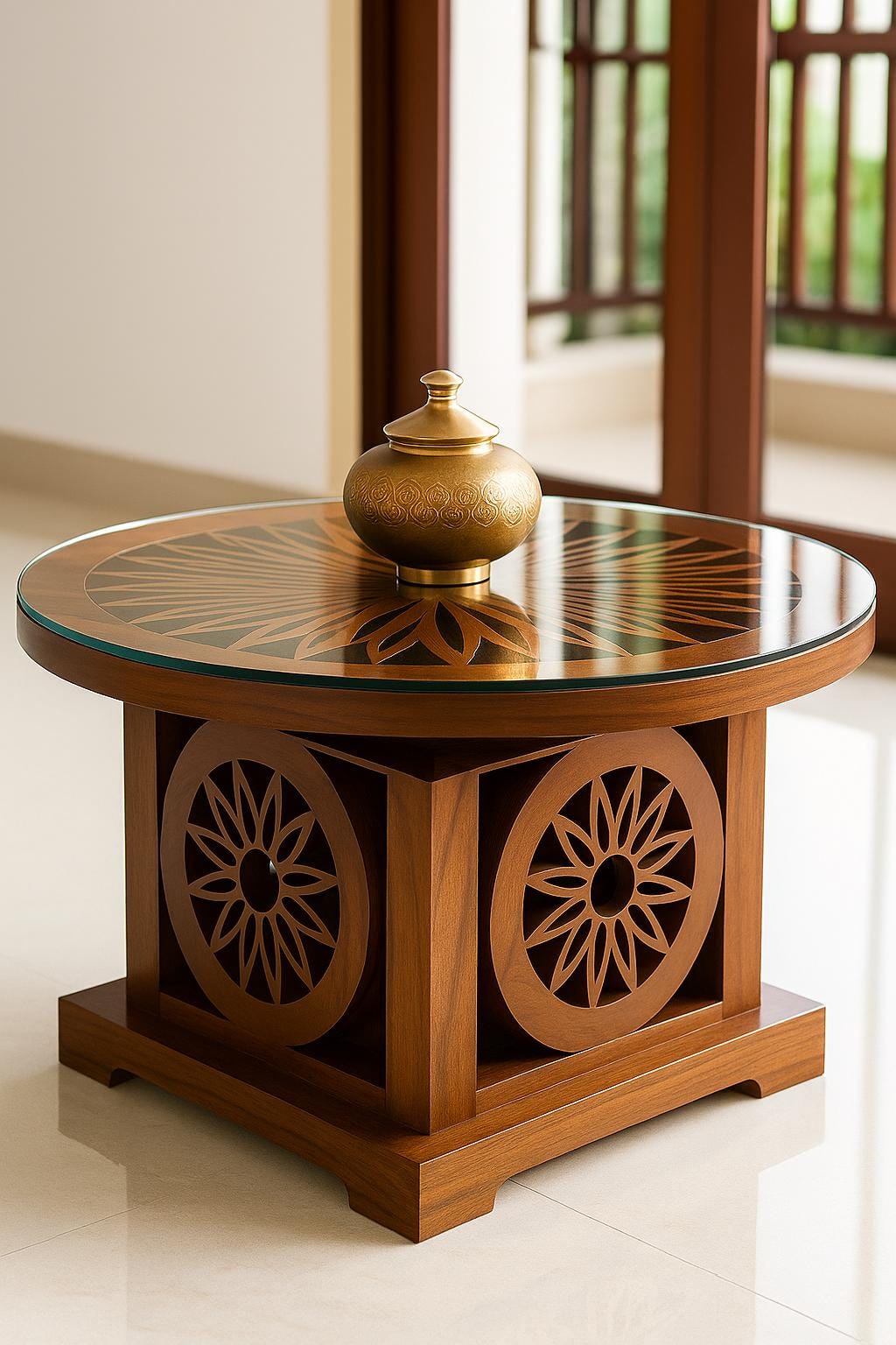 Handcrafted Wooden Center Table with Glass Top | Elegant Living Room Furniture