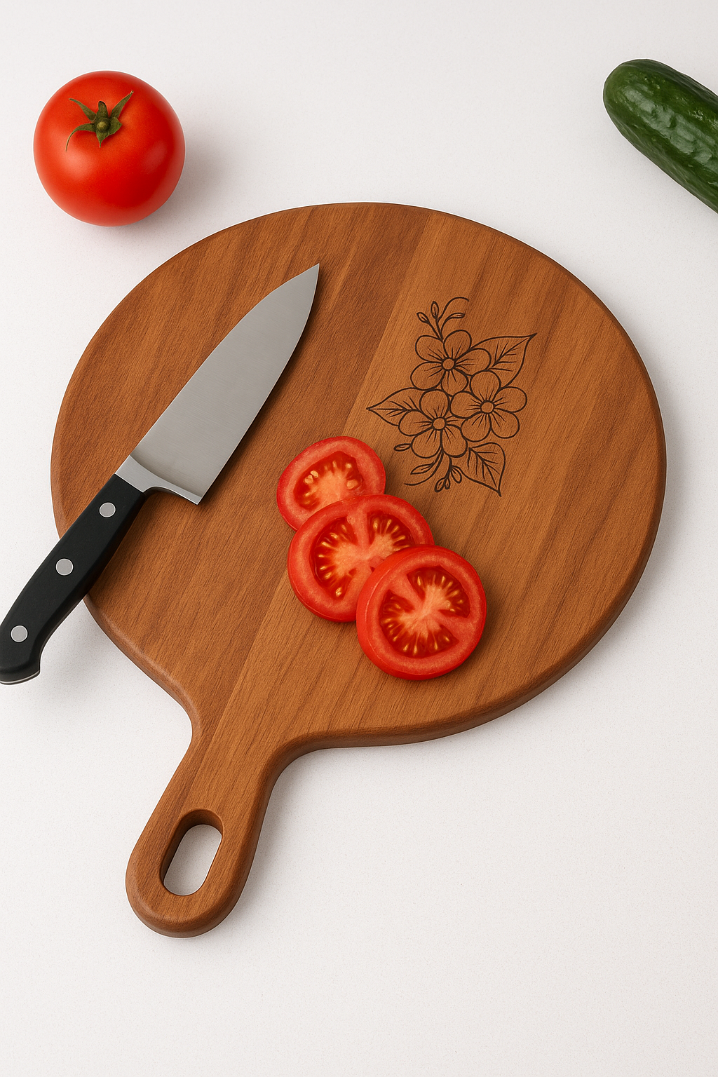 Round Mango Wood Chopping & Serving Board with Floral Engraving – Durable & Stylish