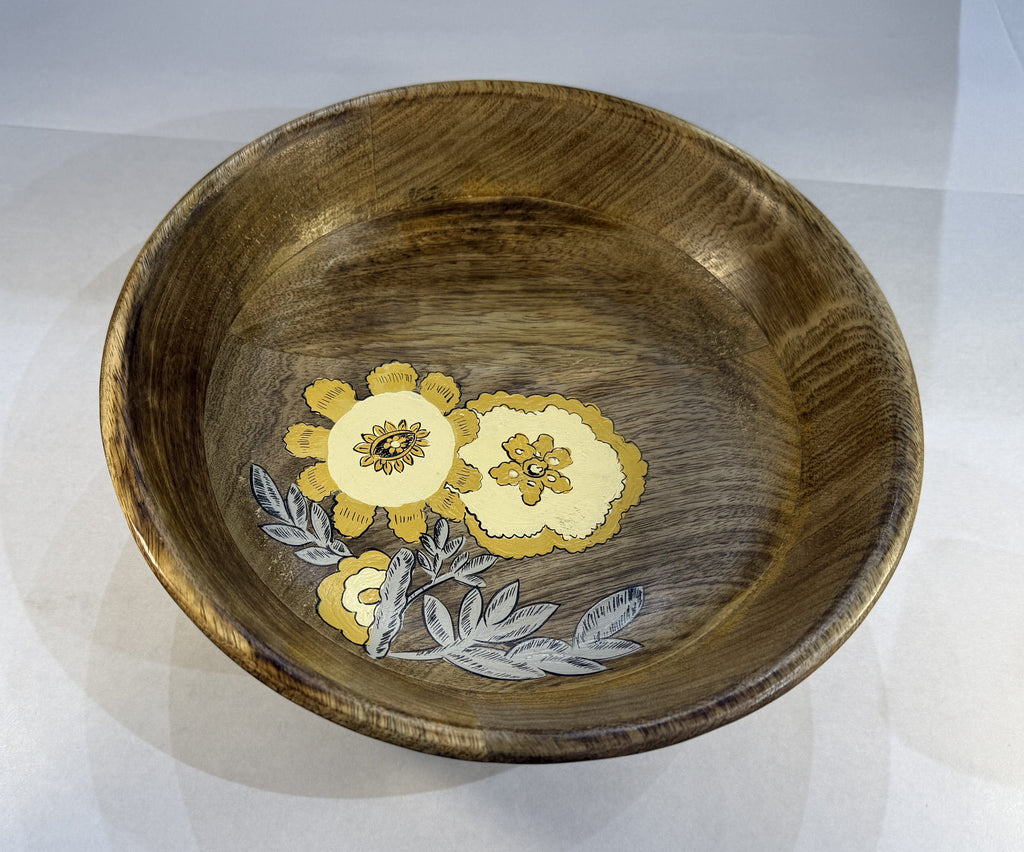 25 cm handcrafted mango wood bowl, featuring a hand-painted yellow floral design