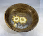 25 cm handcrafted mango wood bowl, featuring a hand-painted yellow floral design
