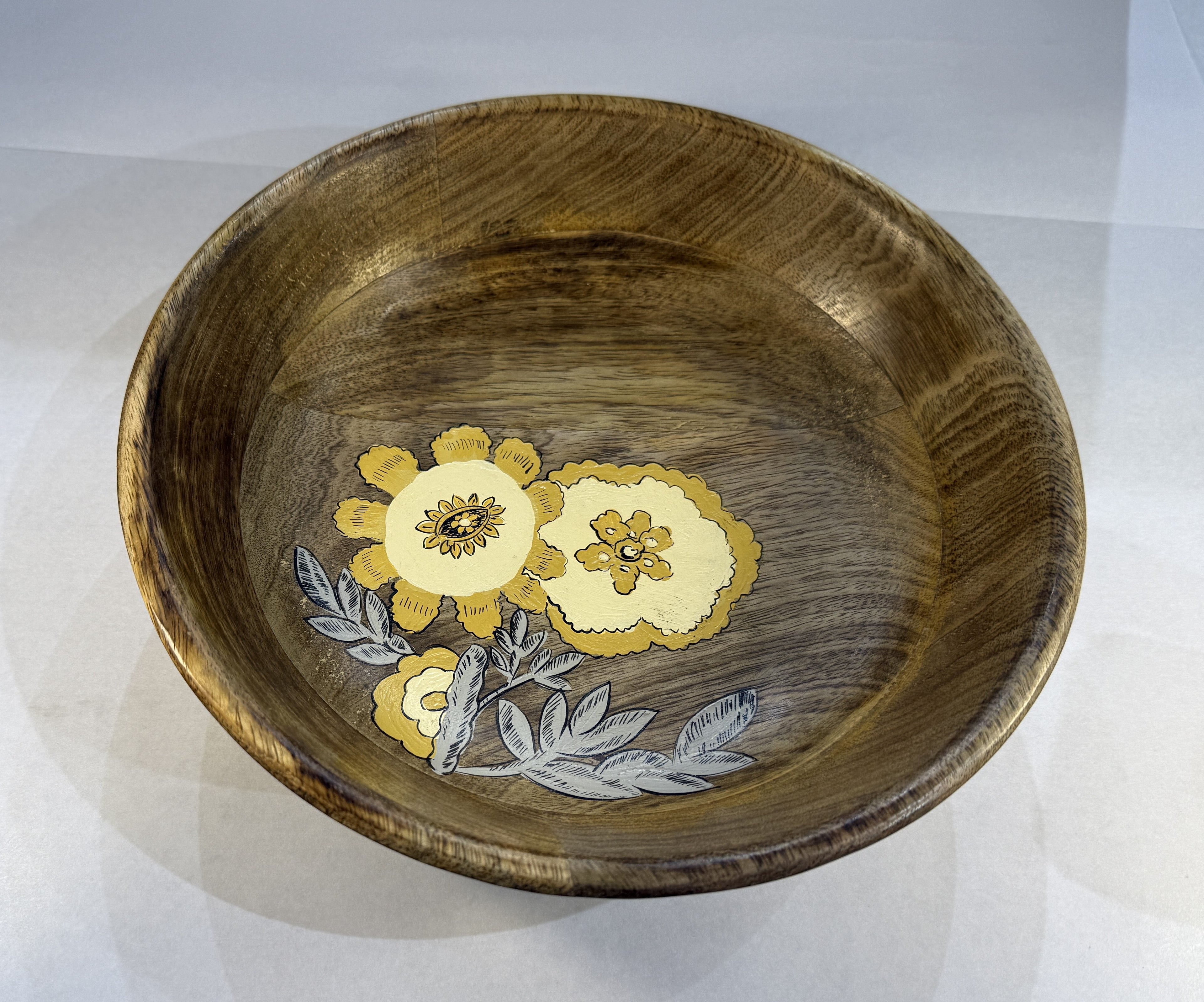 25 cm handcrafted mango wood bowl, featuring a hand-painted yellow floral design
