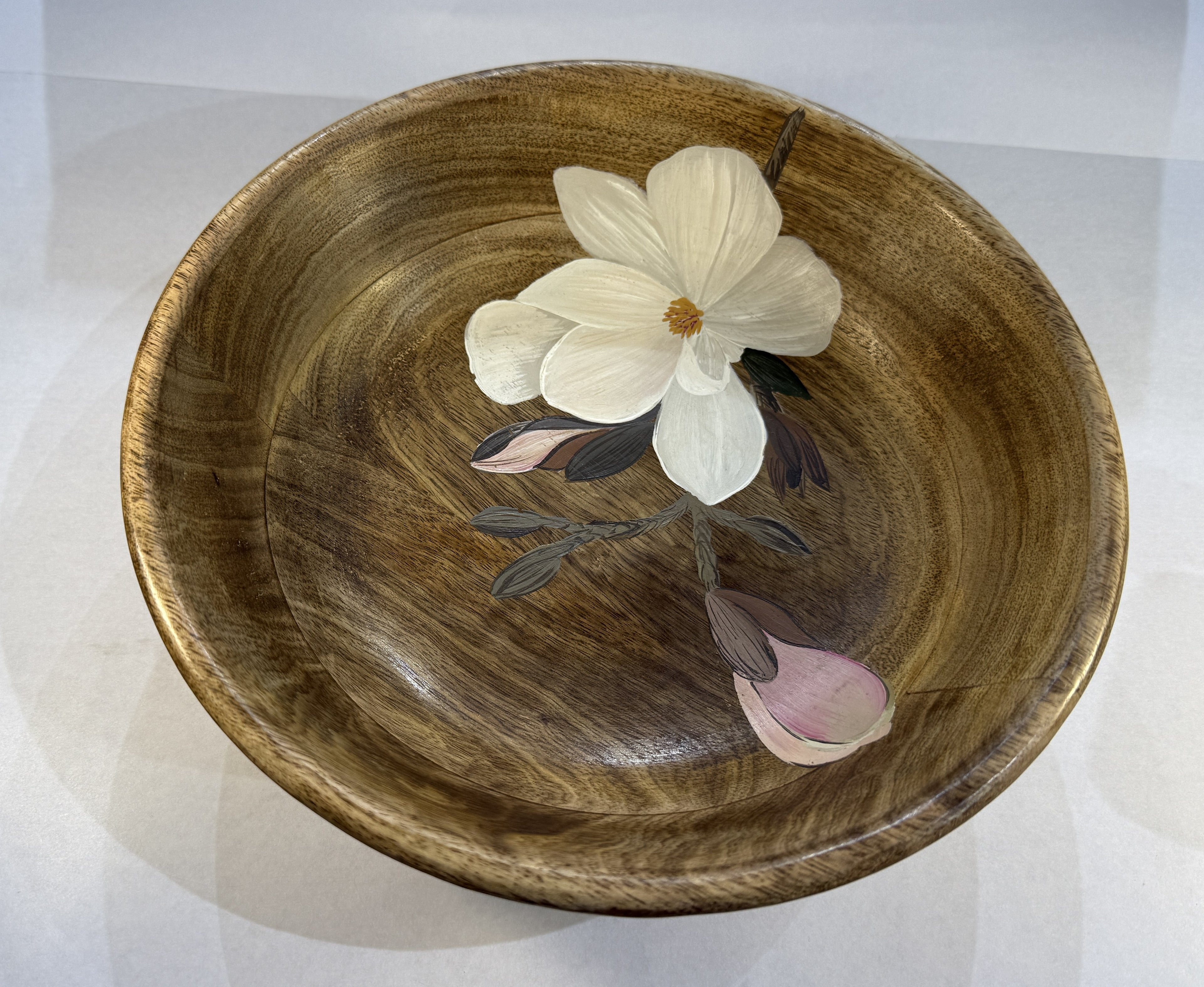 25 cm Handcrafted Mango Wood Bowl with Hand-Painted White Blossom Design – Decorative & Functional