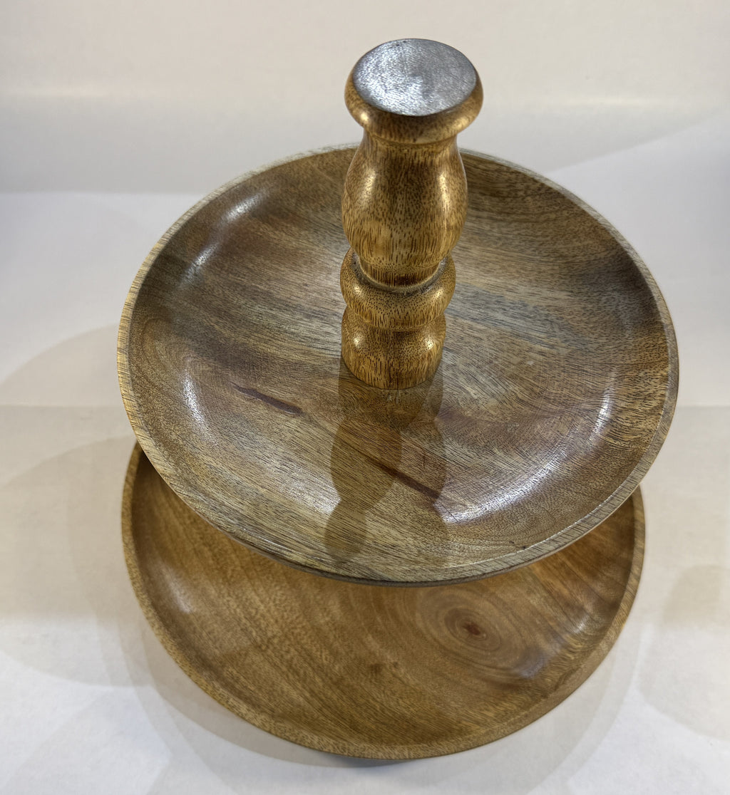 Handcrafted Wooden 2-Tier Serving Stand – 25x25x26 cm
