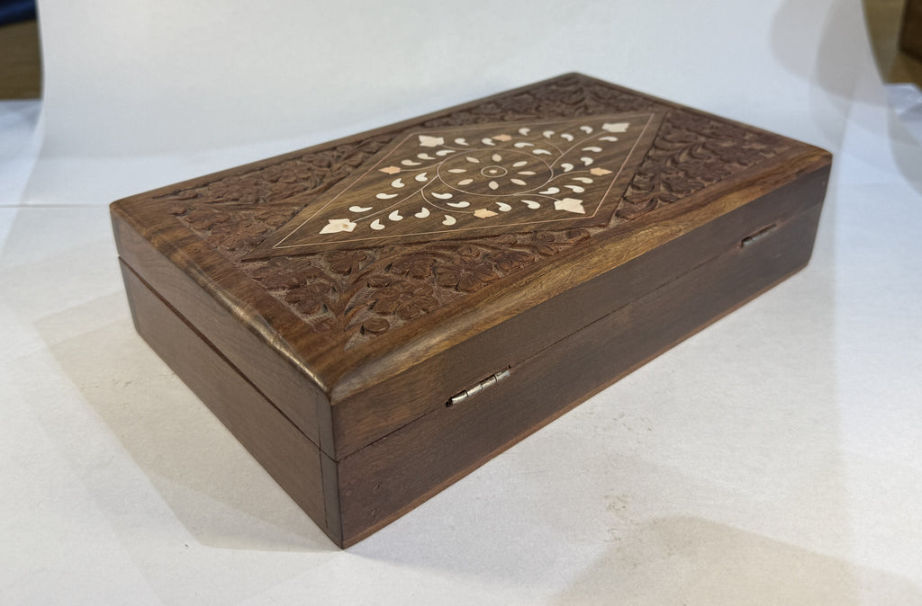 Handcrafted Sheesham Wood Jewelry Storage Box with Mirror (25×15×6 cm)