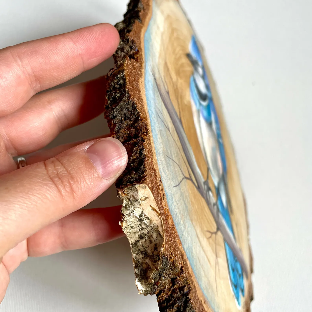 Original Hand-Painted Blue Bird on Natural Wood Slice – Wildlife Art on Real Wood by Arjun Handicrafts