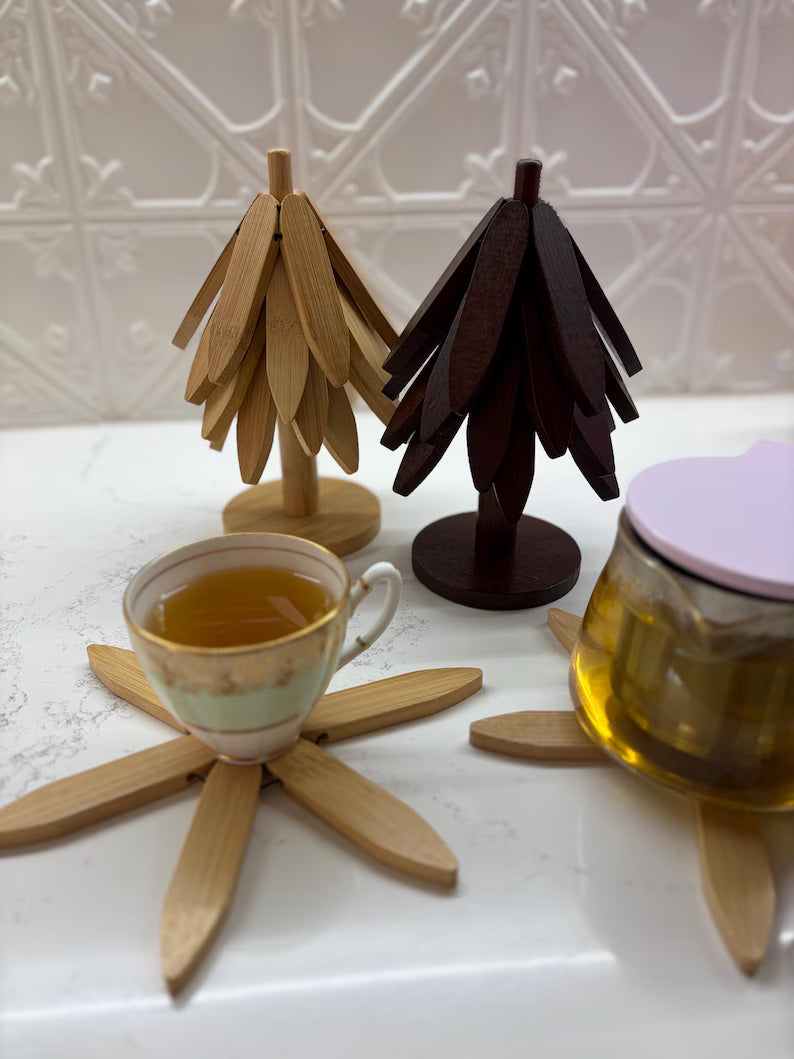 Wooden Tree Trivet Set | Heat Resistant Pot Holders | Natural Table Mats & Coasters | Decorative Wooden Kitchen & Dining Decor