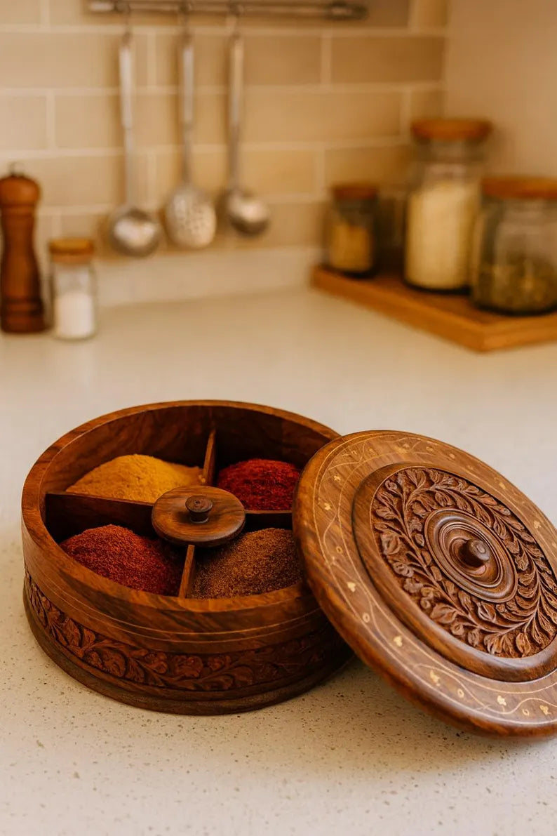 Wooden Dry Fruit Box | Handcrafted Rosewood Organizer | Masala Dabba | Spice Box | Kitchen Storage | Housewarming Gift