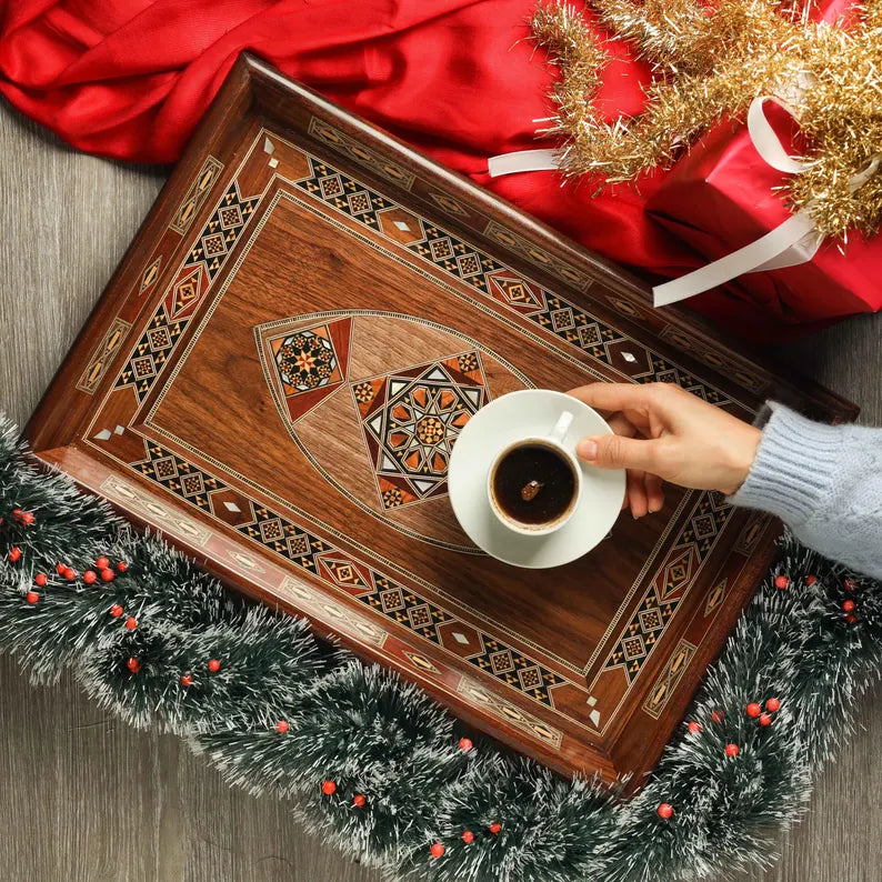 Handmade Mosaic Wooden Serving Tray with Mother-of-Pearl Inlay — Walnut Vanity & Serving Tray (17.5" × 11.5")