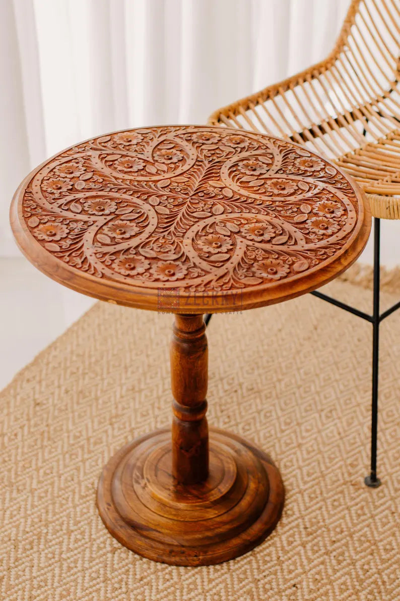 Handmade Round Wooden Side Table | Unique Carved Coffee Table | Moroccan Living Room Furniture